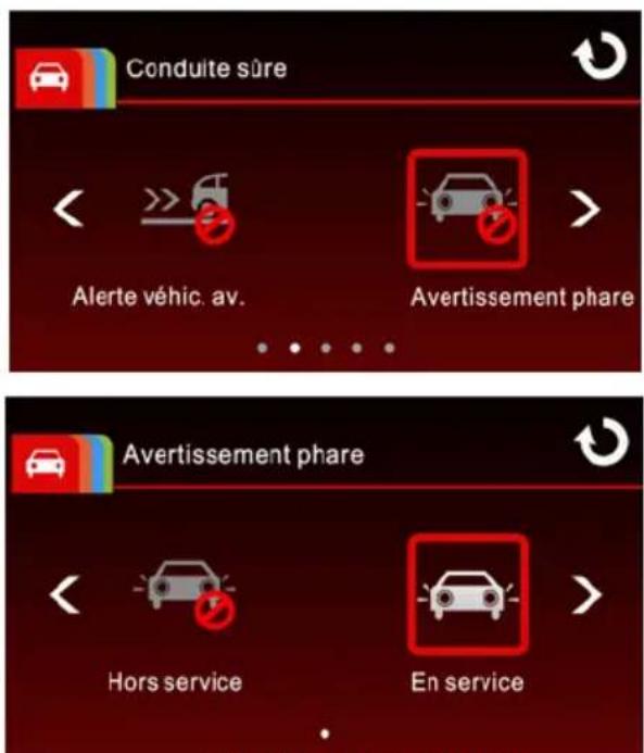 Conduite sûre Alerte véhic. av. Avertissement phare Avertissement phare Hors service En service