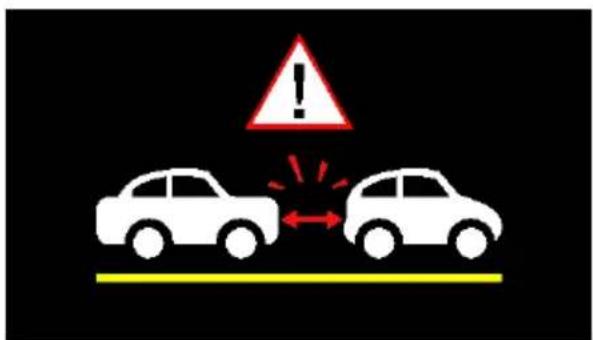 Warning sign showing a collision between two cars with a warning triangle and red arrows indicating collision effect.
