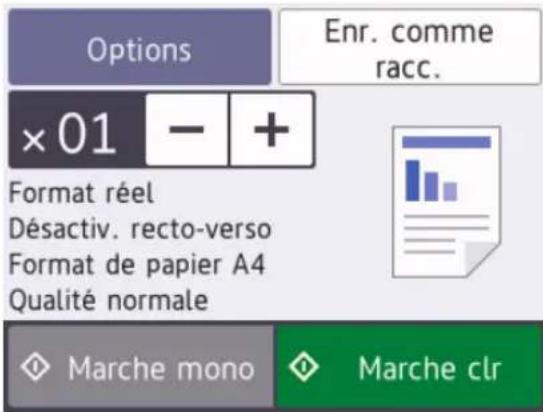 Options Enr. comme racc. ×01 - + Format réel Désactiv. recto-verso Format de papier A4 Qualité normale Marche mono Marche clr