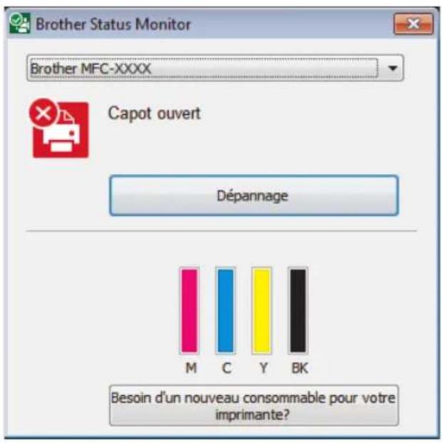 Brother Status Monitor Brother MFC-XXXX Capot ouvert Dépannage M C Y BK Besoin d'un nouveau consommable pour votre imprimante?