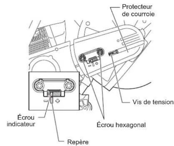 Protecteur de courroie Vis de tension Écrou indicateur Écrou hexagonal Repère