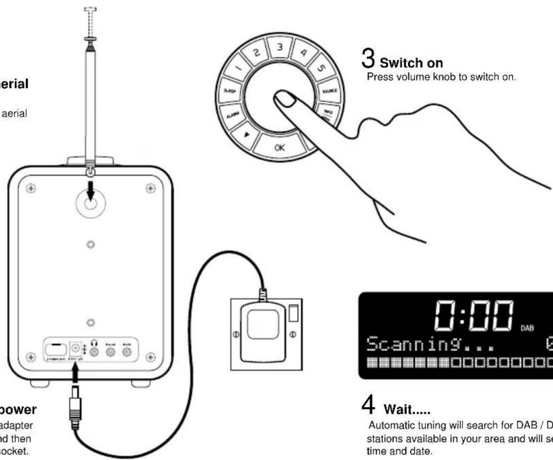 3 Switch on Press volume knob to switch on. 0:00 DAB Scanning... 0 4 Wait.... Automatic tuning will search for DAB / D stations available in your area and will see time and date.