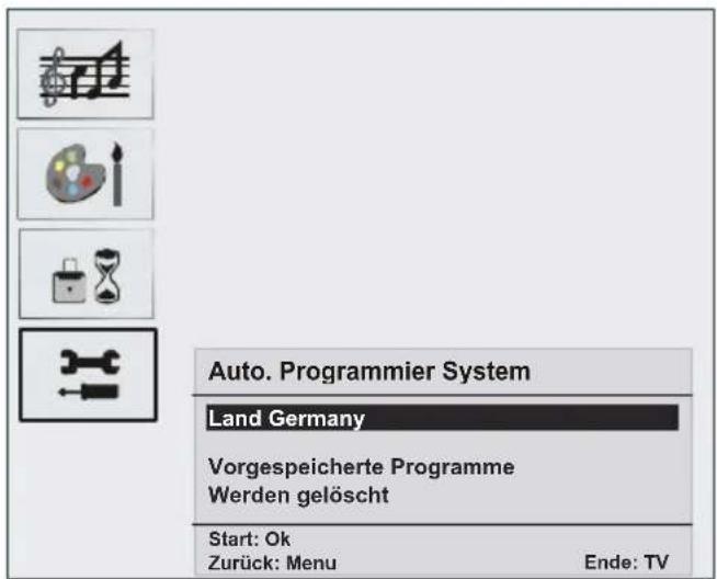 Auto. Programmier System Land Germany Vorgespeicherte Programme Werden gelöscht Start: Ok Zurück: Menu Ende: TV