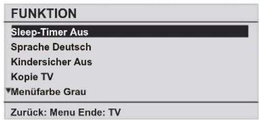 FUNKTION Sleep-Timer Aus Sprache Deutsch Kindersicher Aus Kopie TV ▼Menüfarbe Grau Zurück: Menu Ende: TV