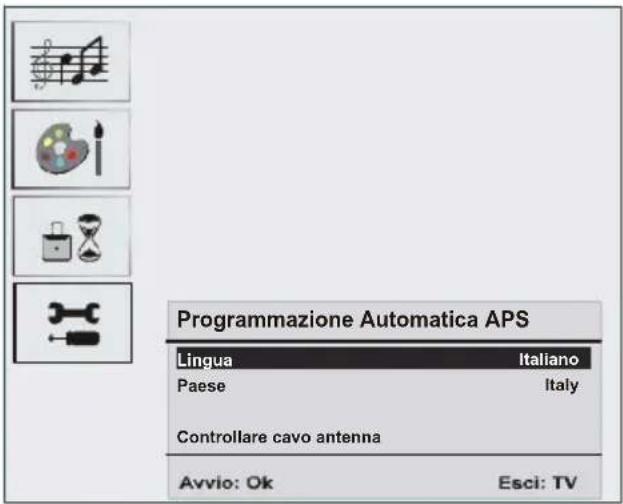 Programmazione Automatica APS Lingua Italiano Paese Italy Controllare cavo antenna Avvio: Ok Esci: TV