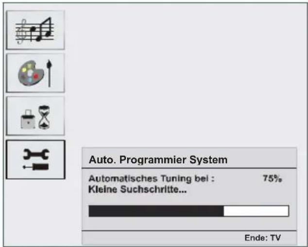Auto. Programmier System Automatisches Tuning bei : 75% Kleine Suchschritte... Ende: TV