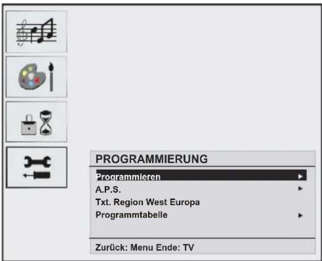 PROGRAMMIERUNG Programmieren A.P.S. Txt. Region West Europa Programmtabelle Zurück: Menu Ende: TV