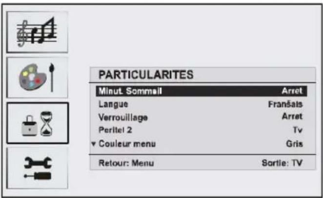 PARTICULARITES Minut. Sommail Arret Langue Franšats Verrouillage Arret Peritel 2 Tv ▼ Couleur menu Gris Retour: Menu Sortie: TV