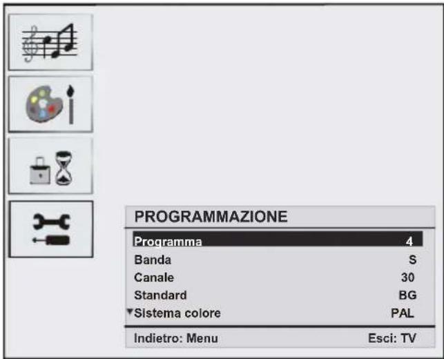 PROGRAMMAZIONE Programma 4 Banda S Canale 30 Standard BG Sistema colore PAL Indietro: Menu Esci: TV