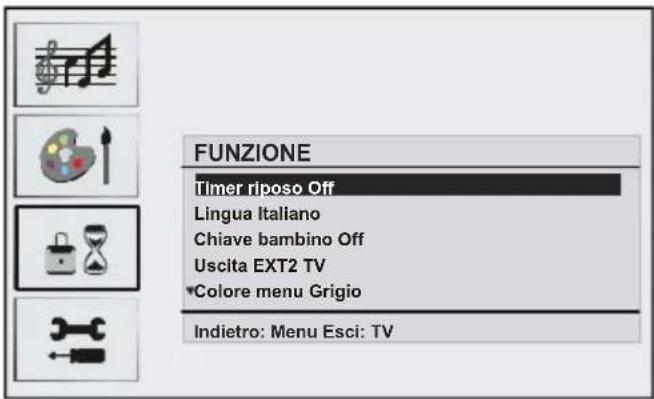 FUNZIONE Timer riposo Off Lingua Italiano Chiave bambino Off Uscita EXT2 TV Colore menu Grigio Indietro: Menu Esci: TV