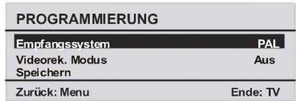 PROGRAMMIERUNG Emfangssystem PAL Videorek. Modus Aus Speichern Zurück: Menu Ende: TV