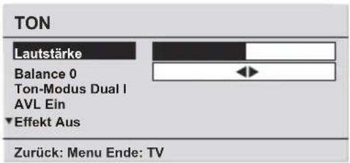 TON Lautstärke Balance 0 Ton-Modus Dual I AVL Ein ▼Effekt Aus Zurück: Menu Ende: TV
