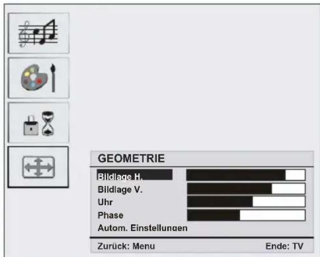 GEOMETRIE Bildlage H. Bildlage V. Uhr Phase Autom. Einstellungen Zurück: Menu Ende: TV