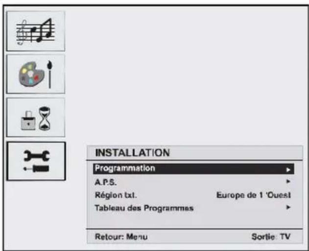 INSTALLATION Programmation A.P.S. Région txt. Tableau des Programmes Europe de 1 'Ouest' Retour: Menu Sortie: TV