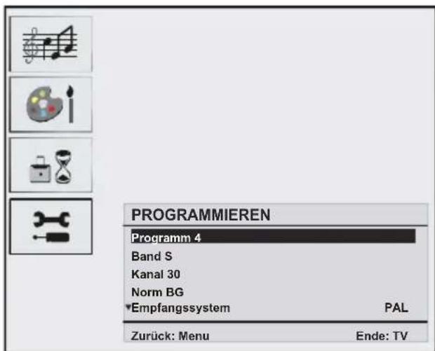 PROGRAMMIEREN Programm 4 Band S Kanal 30 Norm BG Empfangssystem PAL Zurück: Menu Ende: TV