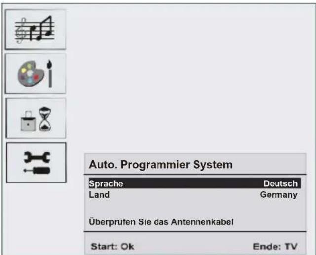 Auto. Programmier System Sprache Deutsch Land Germany Überprüfen Sie das Antennenkabel Start: Ok Ende: TV
