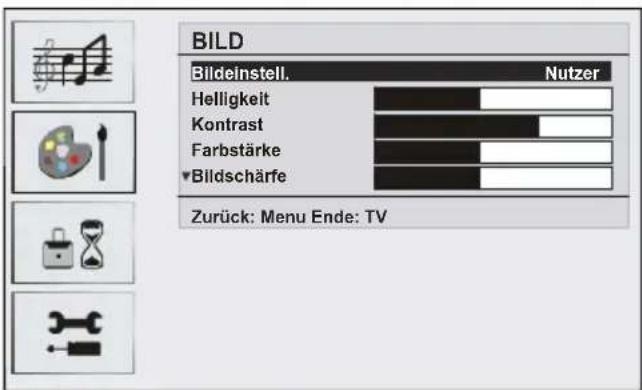 BILD Bildeinstell. Nutzer Helligkeit Kontrast Farbstärke ▼Bildschärfe Zurück: Menu Ende: TV