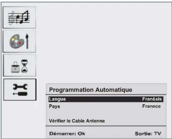 Programmation Automatique Langue Français Pays France Vérifier le Cable Antenne Démarrer: Ok Sortie: TV