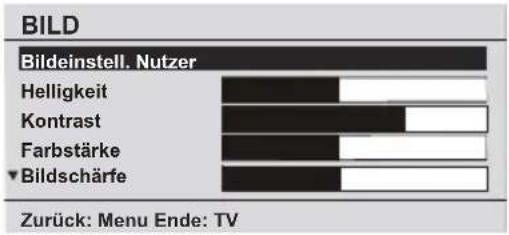 BILD Bildeinstell. Nutzer Helligkeit Kontrast Farbstärke ▼ Bildschärfe Zurück: Menu Ende: TV