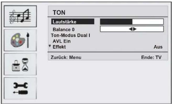 TON Lautstärke Balance 0 Ton-Modus Dual I AVL Ein Effekt Aus Zurück: Menu Ende: TV
