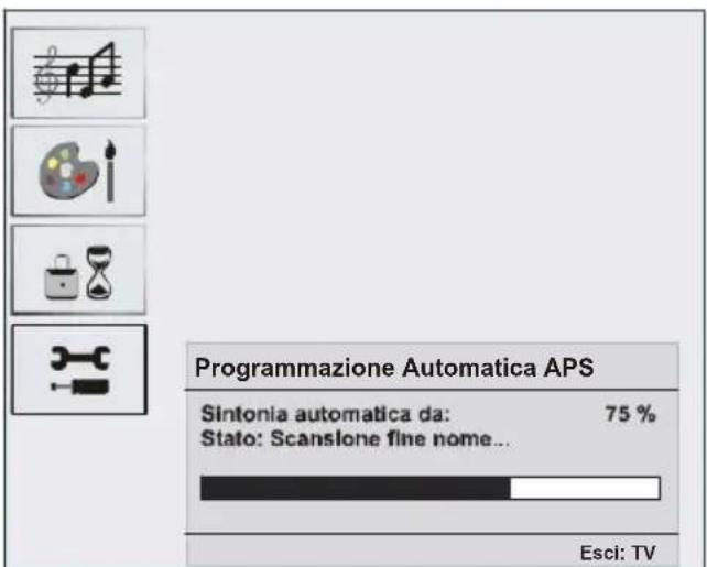 Programmazione Automatica APS Sintonia automatica da: 75 % Stato: Scansione fine nome... Esci: TV