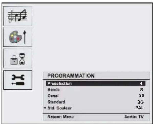 PROGRAMMATION Preselection 4 Bande S Canal 30 Standard BG ▼ Std. Couleur PAL Retour: MenJ Sortie: TV