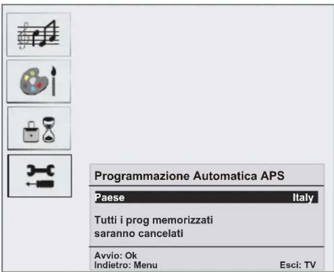 Programmazione Automatica APS Paese Italy Tutti i prog memorizzati saranno cancelati Avvio: Ok Indietro: Menu Esci: TV