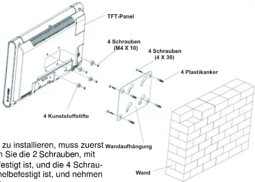 TFT-Panel 4 Schrauben (M4 X 10) 4 Kunststoffstifte 4 Schrauben (4 X 30) 4 Plastikanker Wandaufhängung zu installieren, muss zuerst n Sie die 2 Schrauben, mit festigt ist, und die 4 Schrau- helbefestigt ist, und nehmen Wand