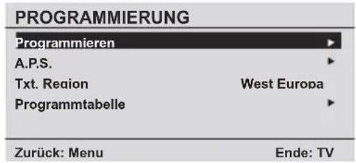 PROGRAMMIERUNG Programmieren A.P.S. Txt. Region West Europa Programmtabelle Zurück: Menu Ende: TV