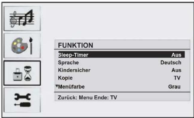 FUNKTION Sleep-Timer Aus Sprache Deutsch Kindersicher Aus Kopie TV ▼Menüfarbe Grau Zurück: Menu Ende: TV