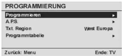 PROGRAMMIERUNG Programmieren A.P.S. Txt. Region West Europa Programmtabelle Zurück: Menu Ende: TV