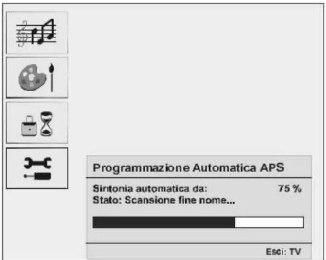 Programmazione Automatica APS Sintonia automatica da: 75 % Stato: Scansione fine nome... Esci: TV