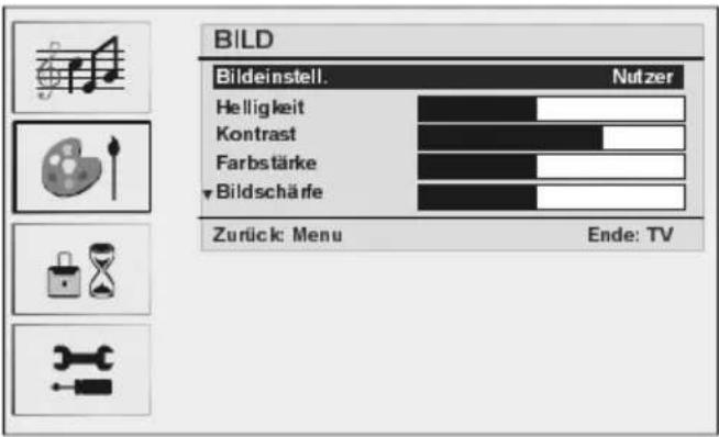 BILD Bildeinstell. Nutzer Helligkeit Kontrast Farbstärke Bildschärfe Zurück: Menu Ende: TV