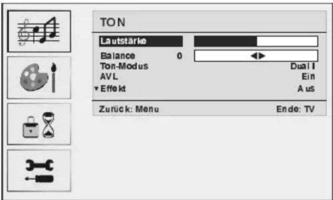 TON Lautstärke Balance 0 Ton-Modus AVL Effekt Dual I Ein Aus Zurück: Menu Ende: TV
