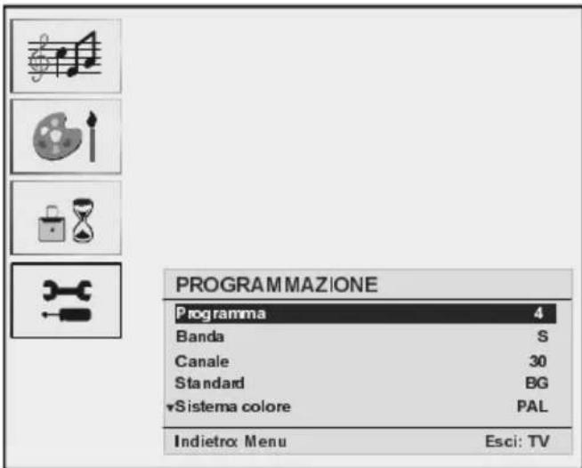 PROGRAM MAZIONE Programma 4 Banda S Canale 30 Standard BG *Sistema colore PAL Indietro: Menu Esci: TV