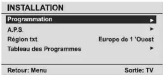 INSTALLATION Programmation A.P.S. Région txt. Europe de 1 'Ouest Tableau des Programmes Retour: Menu Sortie: TV