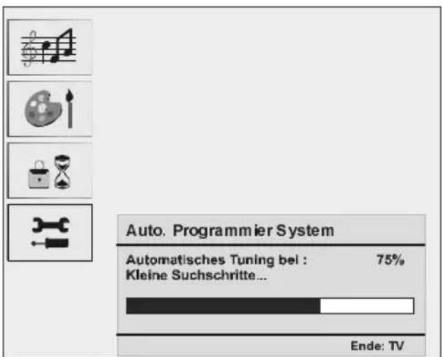Auto. Programmier System Automatisches Tuning bei : 75% Kleine Suchschritte... Ende: TV