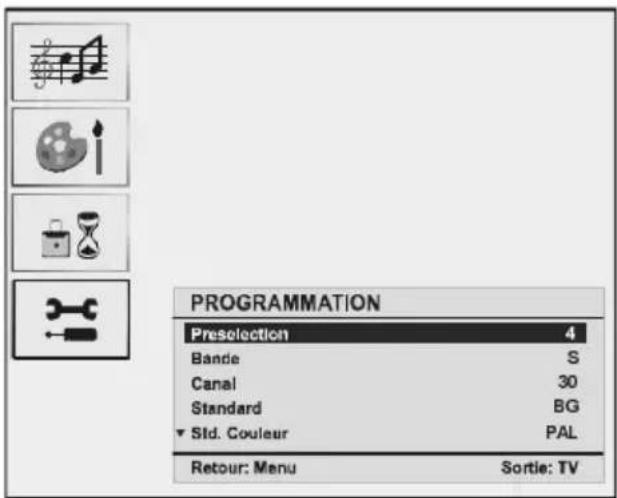 PROGRAMMATION Preselection 4 Bande S Canal 30 Standard BG ▼ Std. Couleur PAL Retour: Menu Sortie: TV