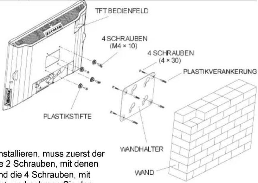 TFT BEDIENFELD 4 SCHRAUBEN (M4 × 10) 4 SCHRAUBEN (4 × 30) PLASTIKVERANKERUNG PLASTIKSTIFTE WANDHALTER WAND installieren, muss zuerst der e 2 Schrauben, mit denen nd die 4 Schrauben, mit not und nahmen Sie den