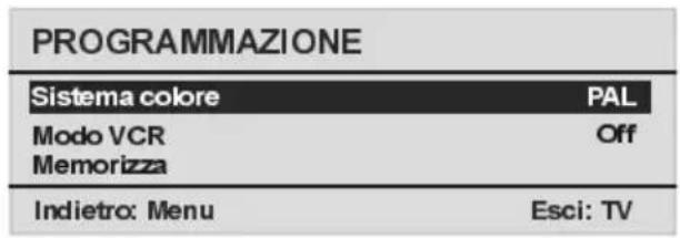 PROGRAMMAZIONE Sistema colore PAL Modo VCR Off Memorizza Indietro: Menu Esci: TV