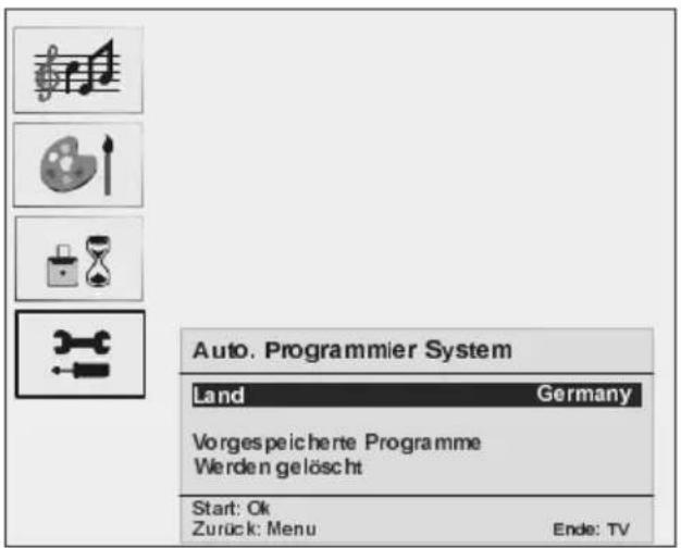 Auto. Programmier System Land Germany Vorgespeicherte Programme Werden gelöscht Start: Ok Zurück: Menu Ende: TV