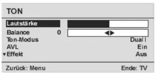 TON Lautstärke Balance 0 Ton-Modus AVL ▼Effekt Dual I Ein Aus Zurück: Menu Ende: TV