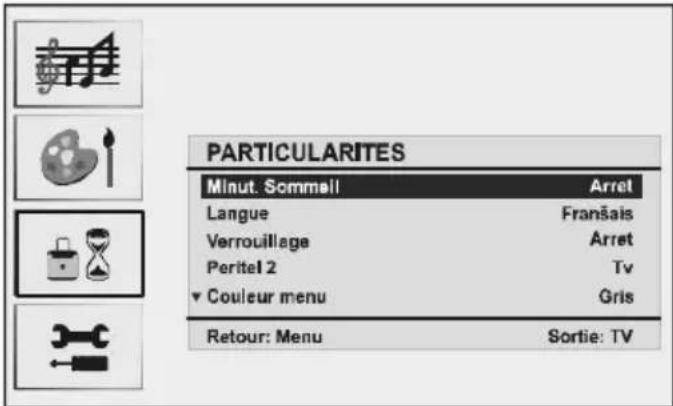 PARTICULARITES Minut. Sommell Arret Langue Français Verrouillage Arret Peritel 2 Tv ▼ Couleur menu Gris Retour: Menu Sortie: TV