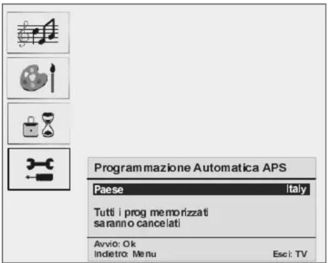Programmazione Automatica APS Paese Italy Tutti i prog memorizzati saranno cancelati Avvio: Ok Indietro: Menu Esci: TV
