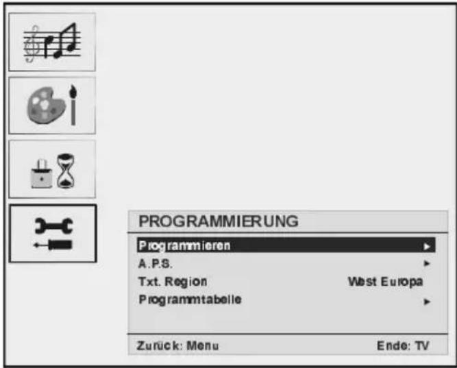 PROGRAMMIERUNG Programmieren A.P.S. Txt. Region West Europa Programmtabelle Zurück: Menu Ende: TV