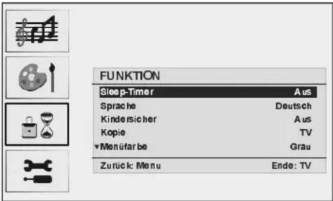 FUNKTION Sleep-Timer Aus Sprache Deutsch Kindersicher Aus Kopie TV Monüfar be Grau Zurück: Menu Ende: TV