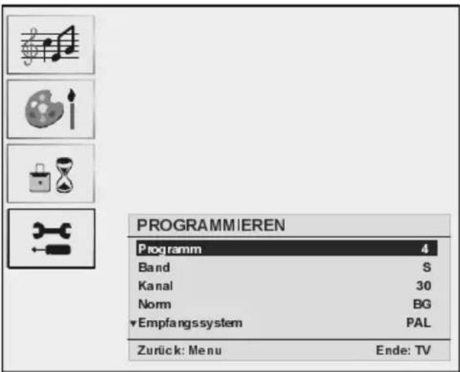 PROGRAMMIEREN Programm 4 Band S Kanal 30 Norm BG Empfangssystem PAL Zurtick: Menu Ende: TV