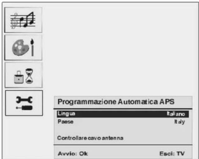 Programmazione Automatica APS Lingua Italiano Paese Italy Controllare cavo antenna Avvio: Ok Esci: TV
