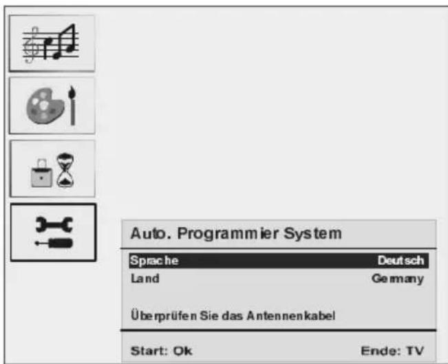 Auto. Programmier System Sprache Deutsch Land Germany Überprüfen Sie das Antennenkabel Start: Ok Ende: TV