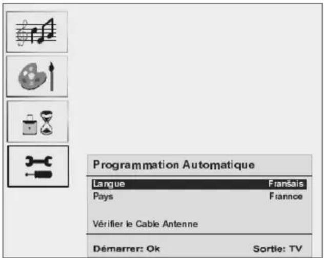 Programmation Automatique Langue Fransais Pays France Vérifier le Cable Antenne Démarrer: Ok Sortie: TV